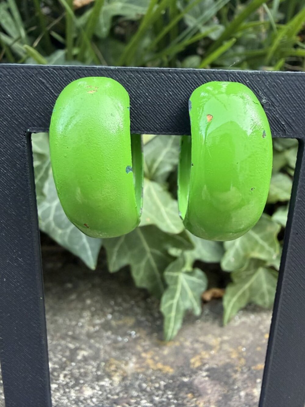80s Bright Lime Green Enamel Huggie Hoop Clip Earrings Halloween Costume Retro
